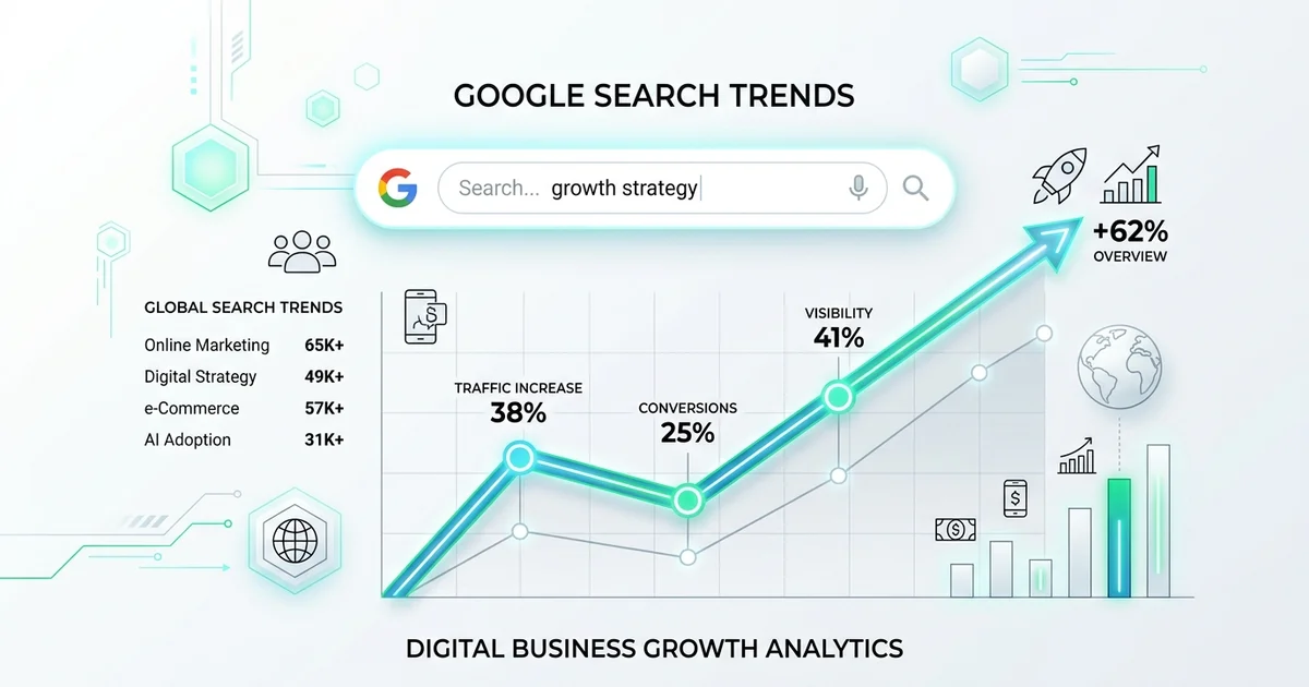 Infografis cyberlight bertema putih minimalis tentang tren pencarian Google dan analitik pertumbuhan bisnis