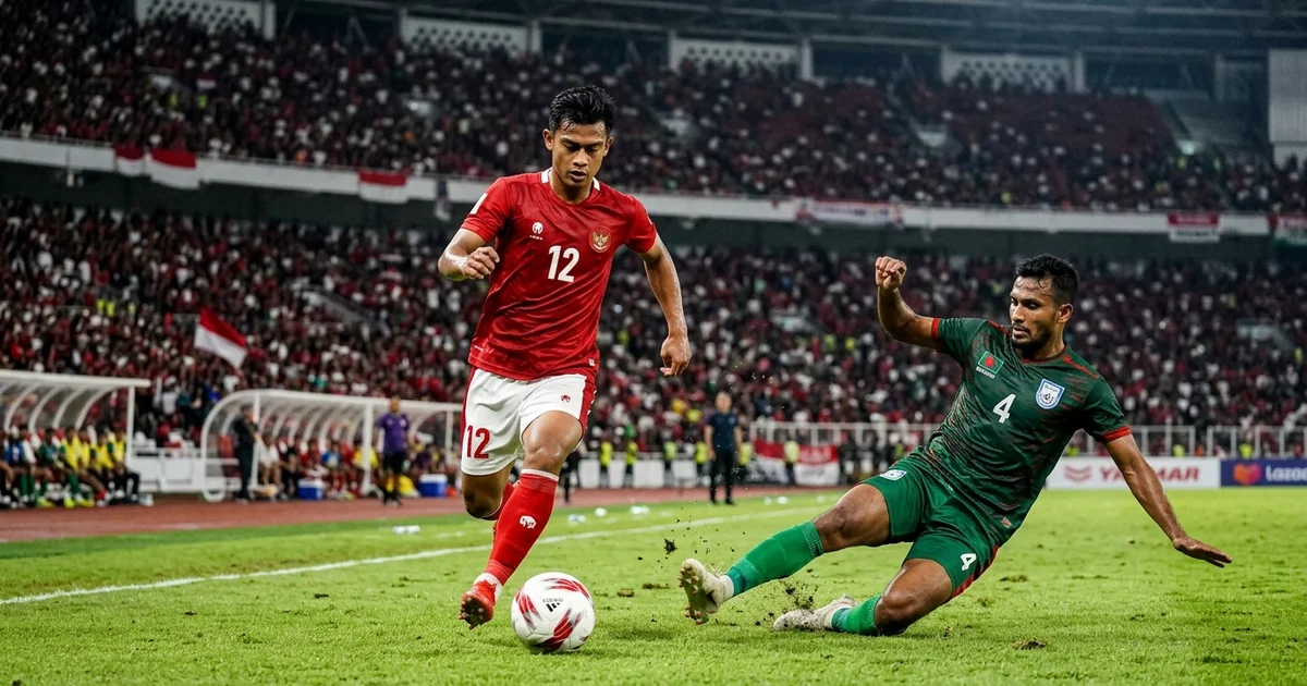 Pertandingan sengit pemain Timnas Indonesia dan Bangladesh di ajang FIFA ASEAN Cup 1 Oktober 2026 di SUGBK Jakarta