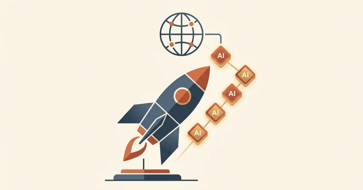 Ilustrasi flat minimalis roket pertumbuhan startup terhubung dengan blok token AI dan jaringan global untuk program token gratis Claude untuk startup